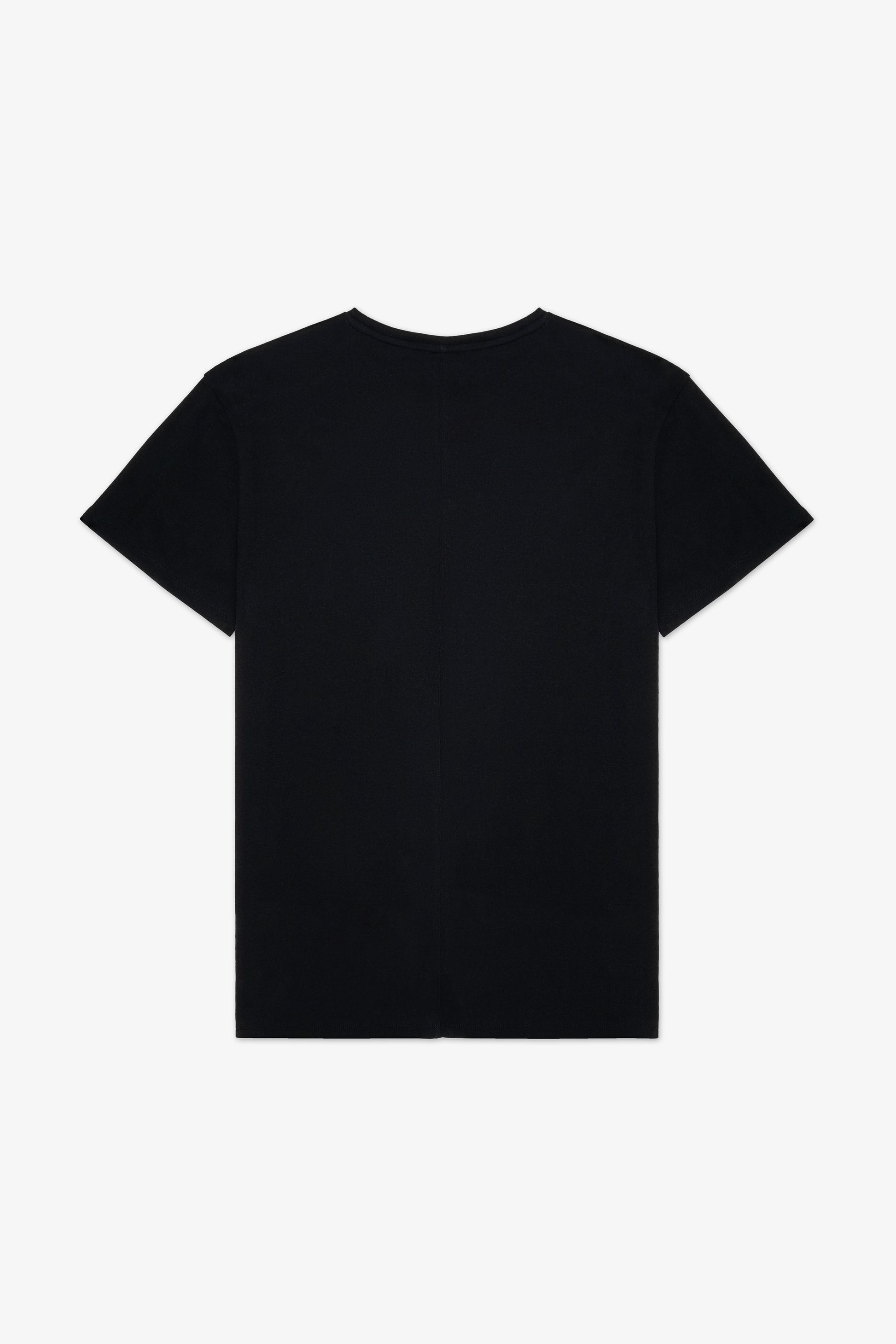 Back of black basic t-shirt