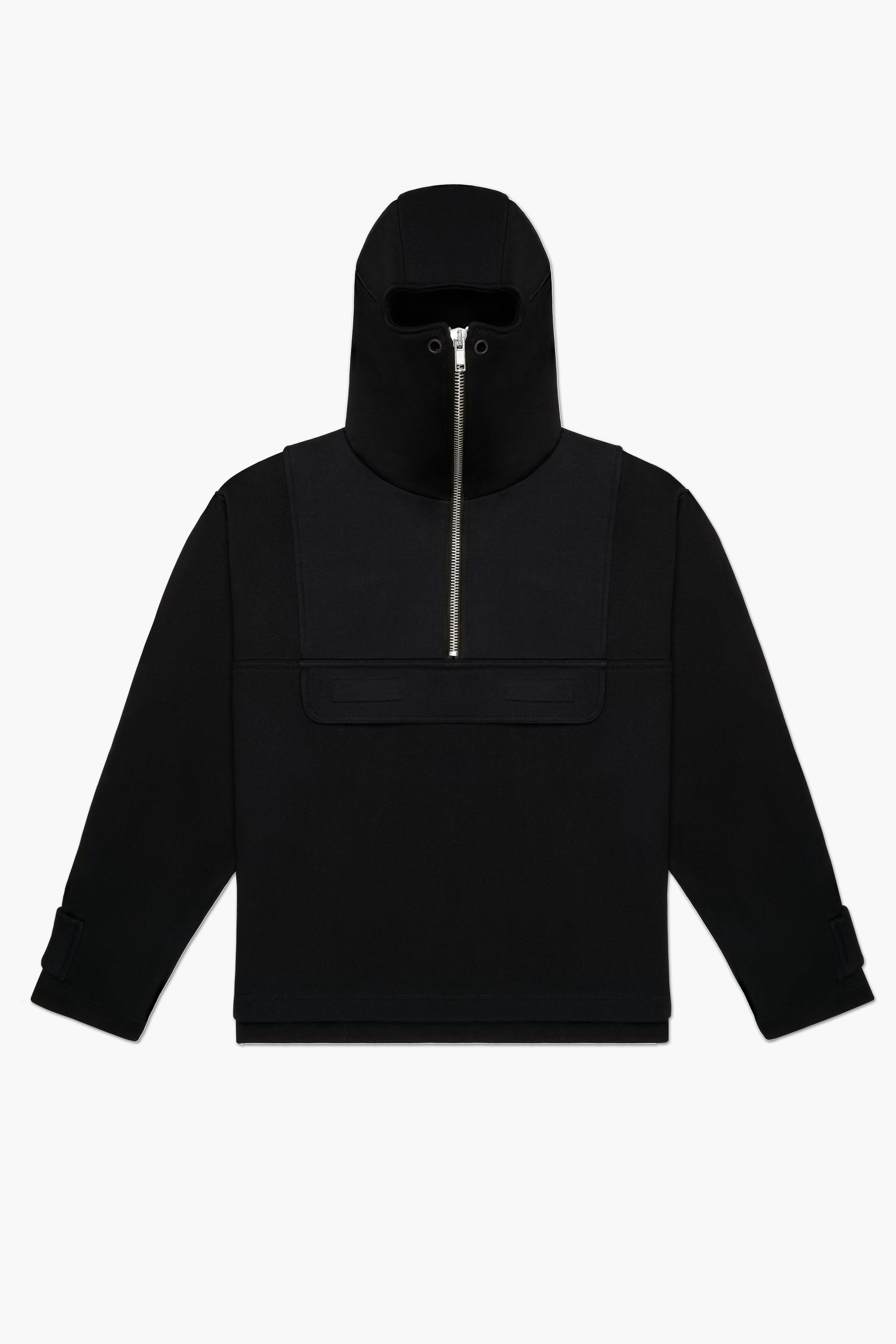 Front of black balaclava anorak zipped all the way up ovnnie