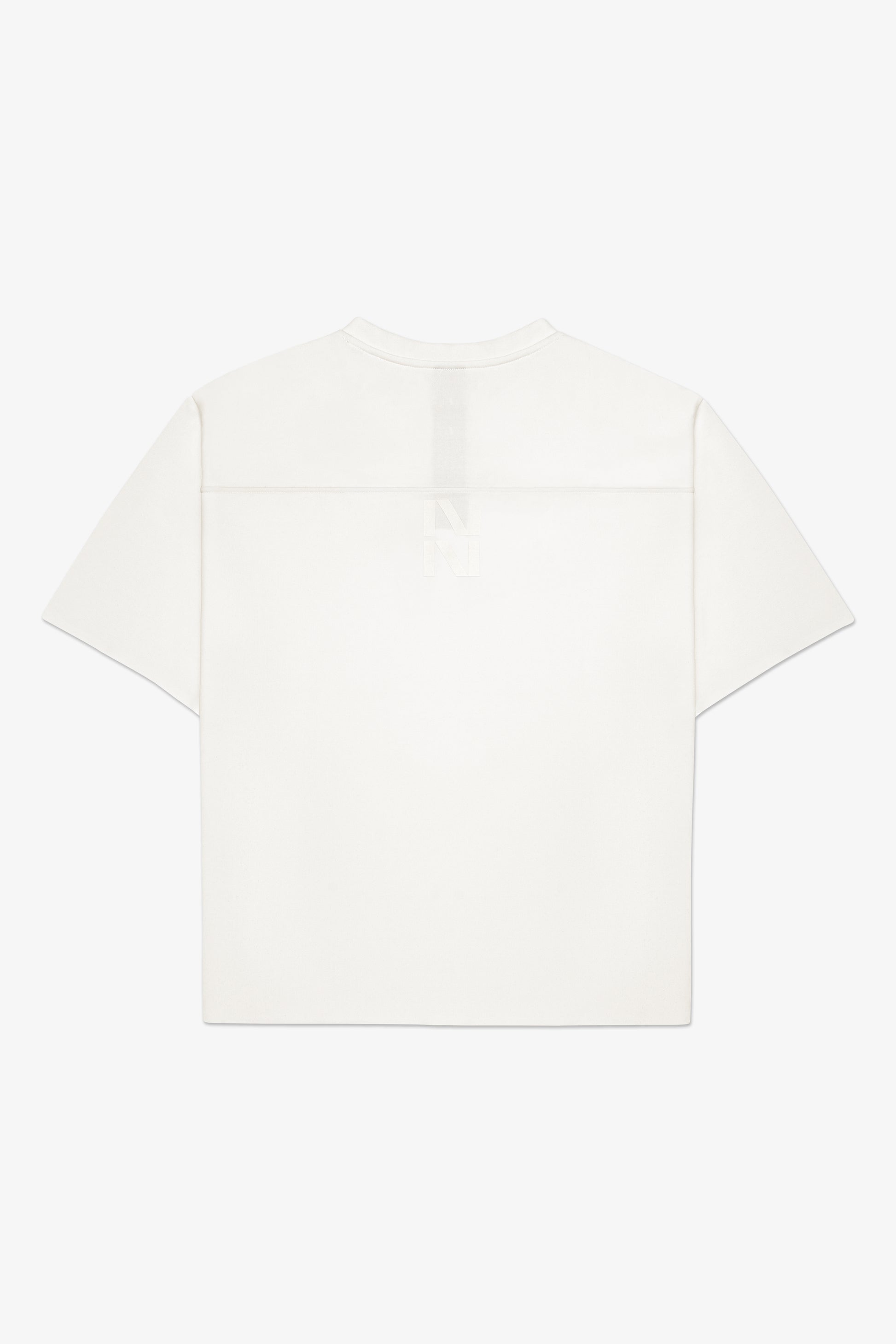 Back of white boxy t-shirt with NN logo on the center