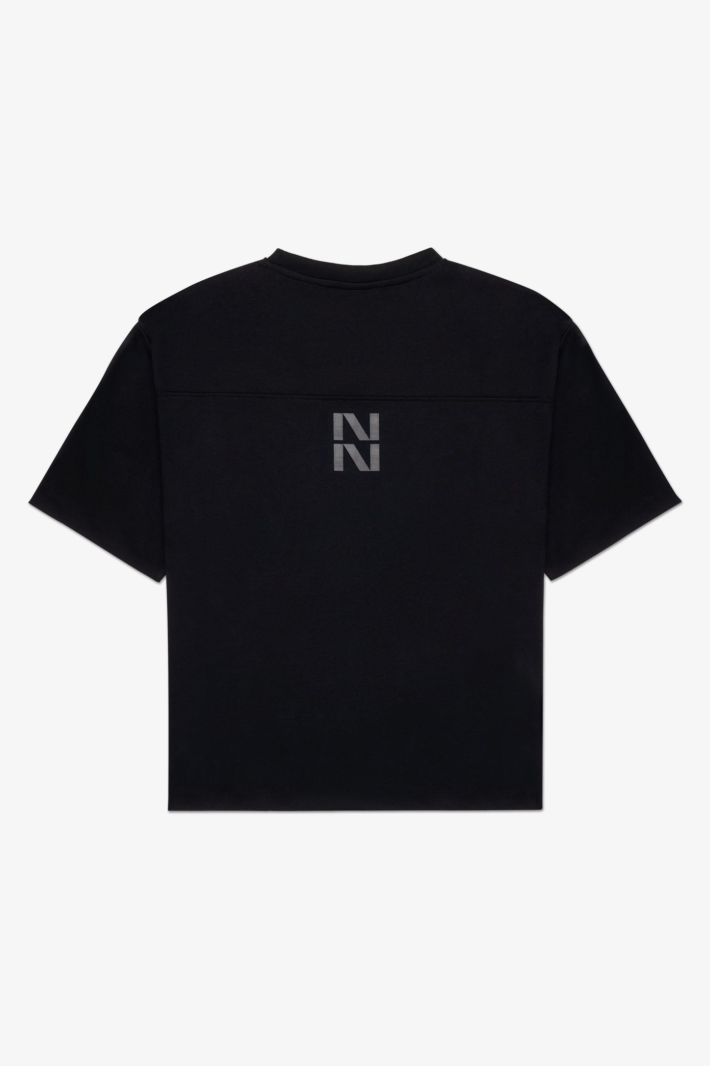 Back of black boxy t-shirt with NN logo on the center