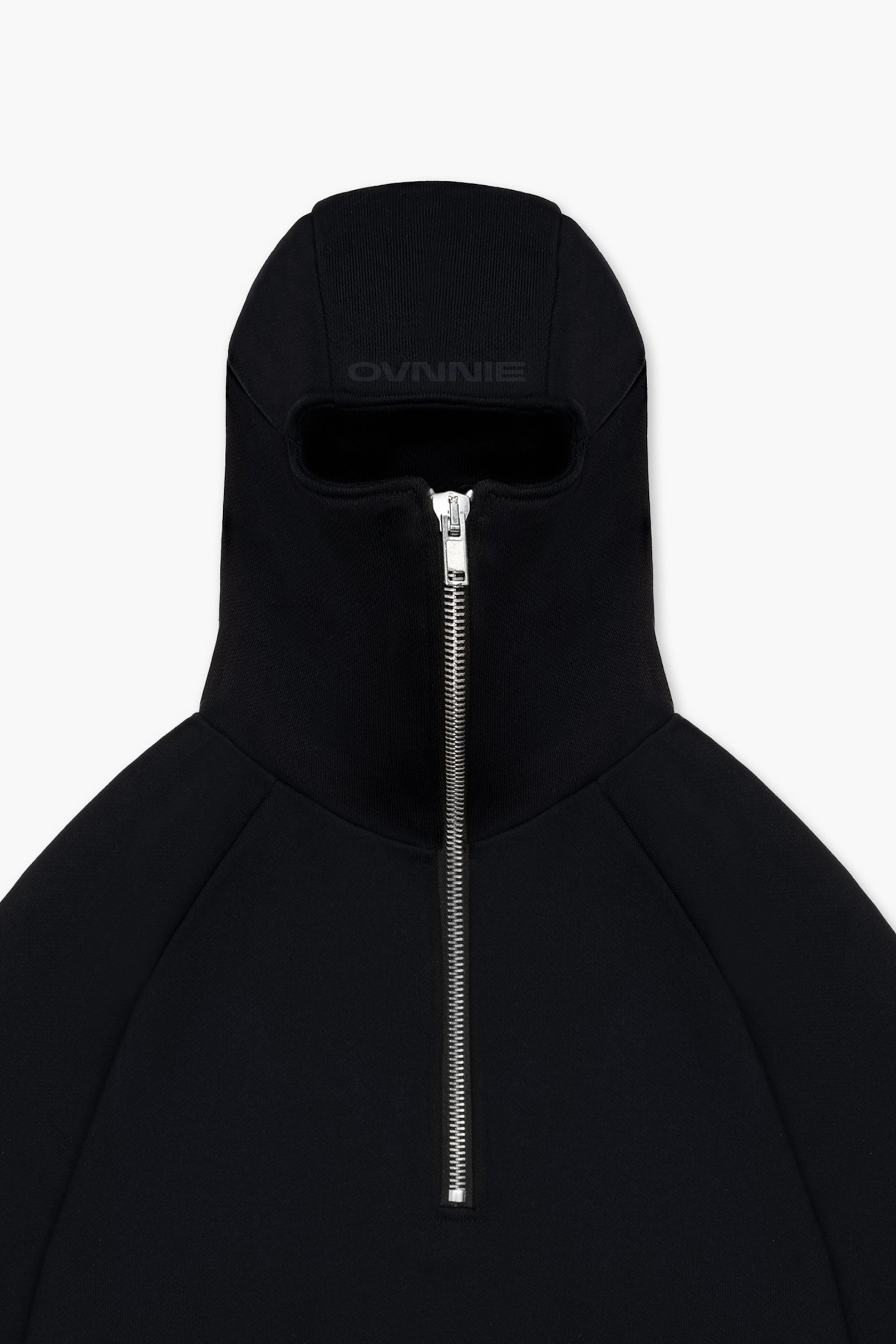 Front hood of balaclava hoodie zipped all the way up