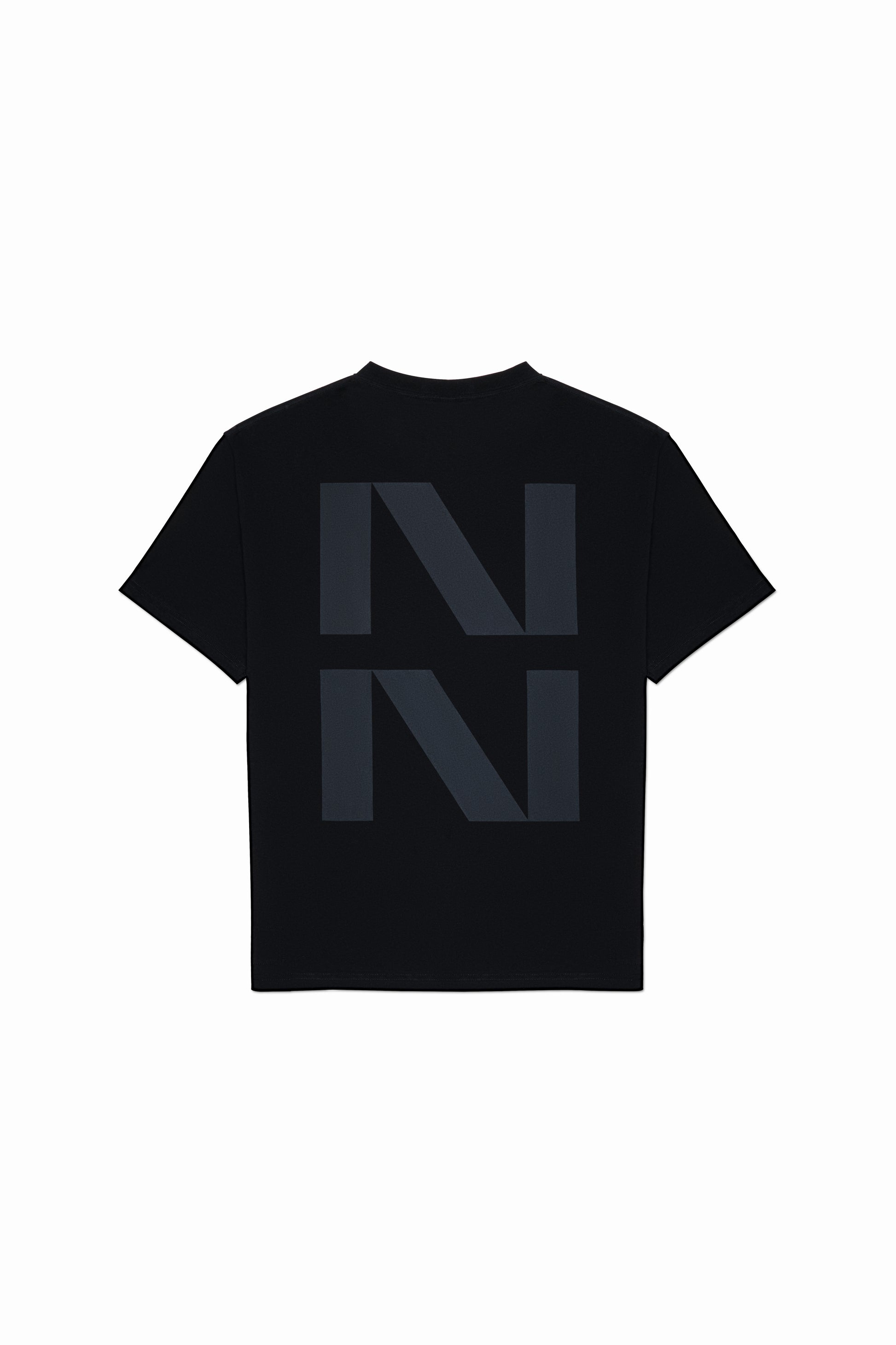 Back of black oversized t-shirt with a big NN print